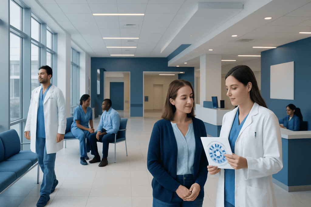 Blood Test Results Explained: What CBC, Hemoglobin, and Platelets Mean 1 Healthcare professionals discussing patient care in a modern hospital lobby.