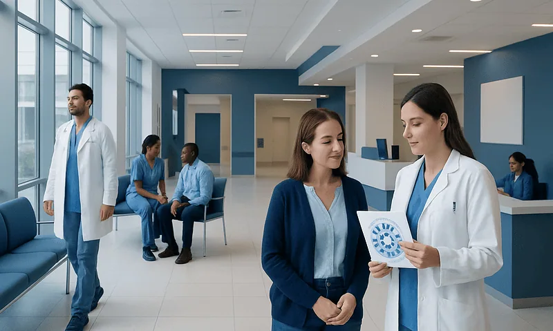 Healthcare professionals discussing patient care in a modern hospital lobby.
