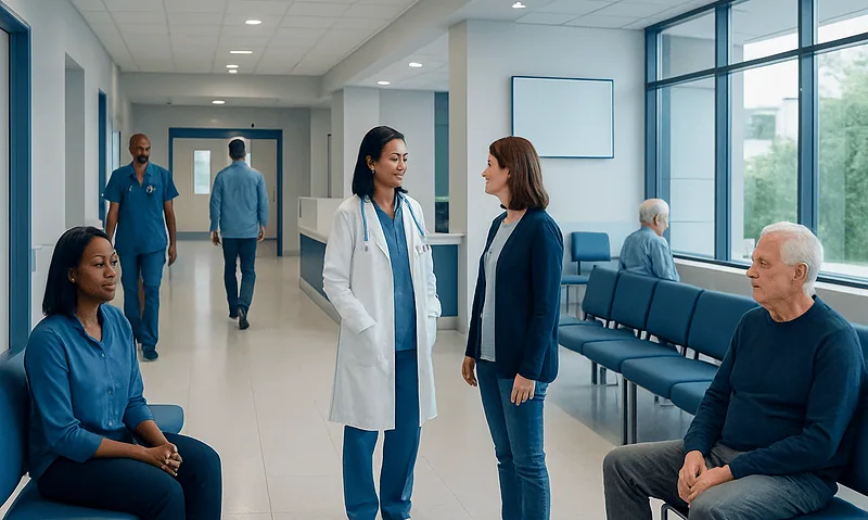 Healthcare professionals and patients in a modern hospital corridor.