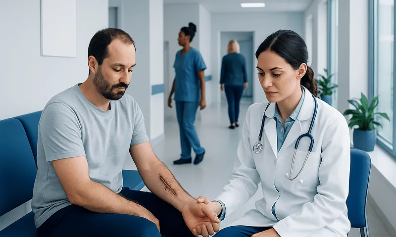Doctor examining a patient's arm with a visible bite wound in a hospital corridor.