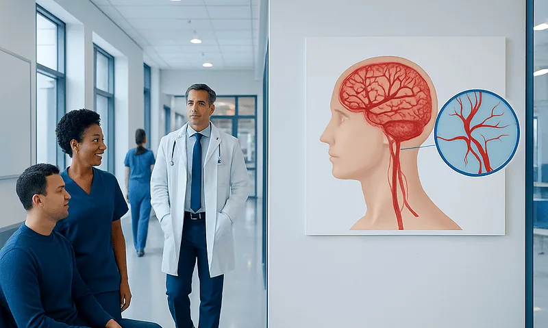 Medical professionals discussing brain health in hospital corridor with brain diagram.