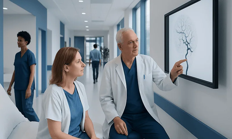 Doctors discussing brain scan in hospital corridor.