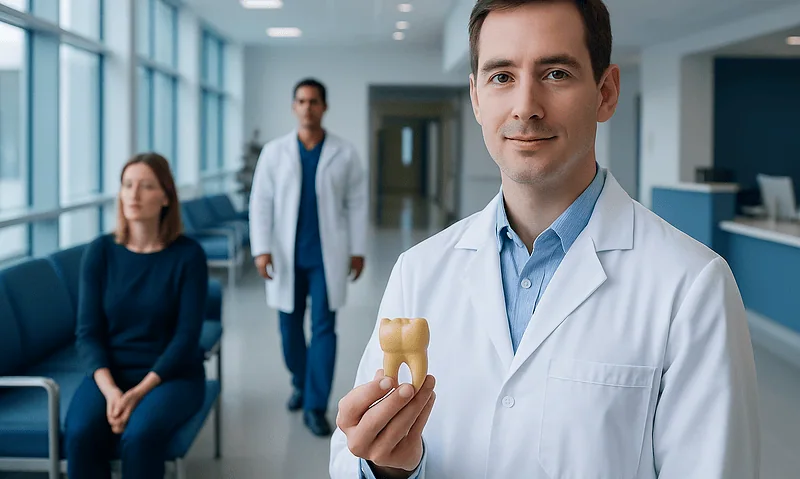 Dentist holding a dental crown model in a modern clinic setting.
