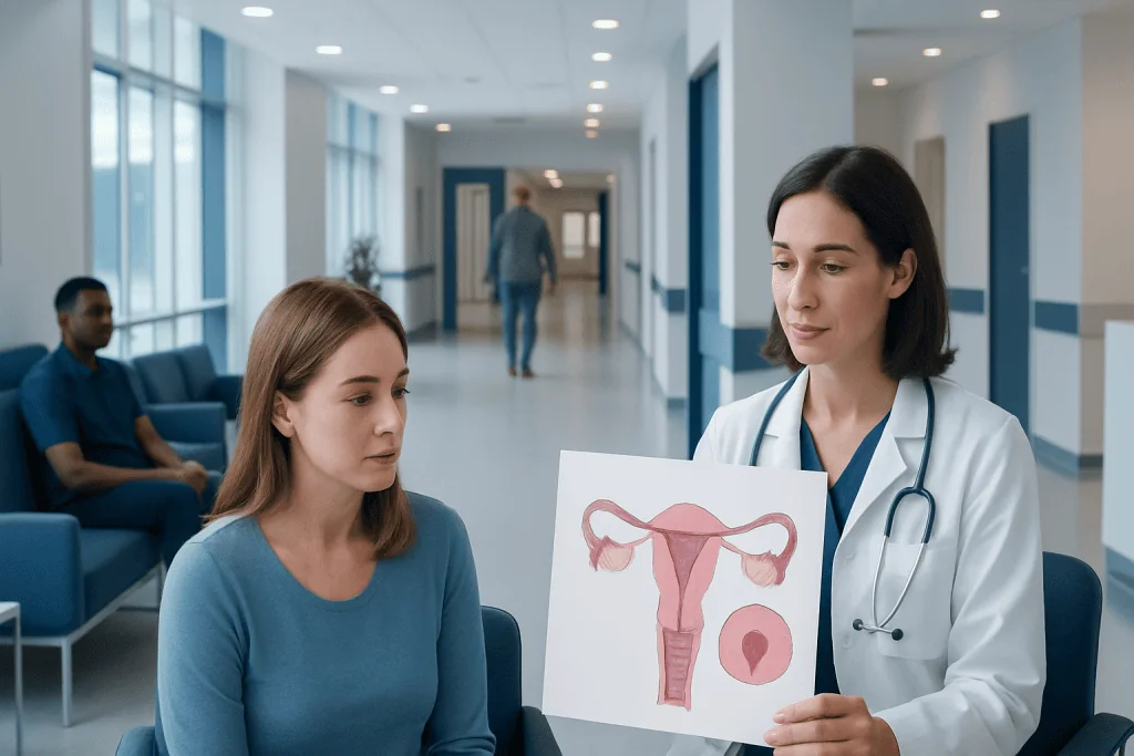 Cervical Polyp: A Complete Clinical Guide for Patients 1 Doctor explaining uterine health with diagram to patient in hospital corridor.