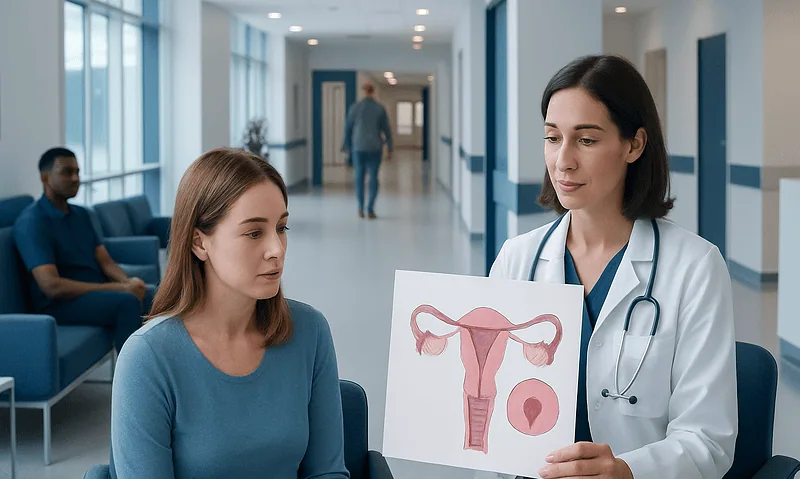 Doctor explaining uterine health with diagram to patient in hospital corridor.