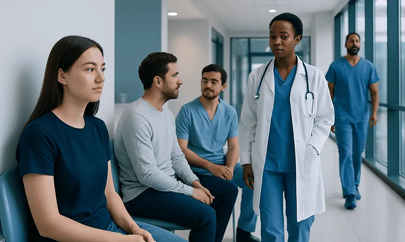 Medical consultation with diverse healthcare professionals and patients in hospital corridor.