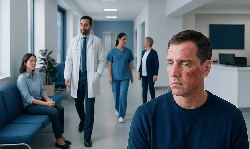 Patient with facial chemical burn in a hospital waiting area.