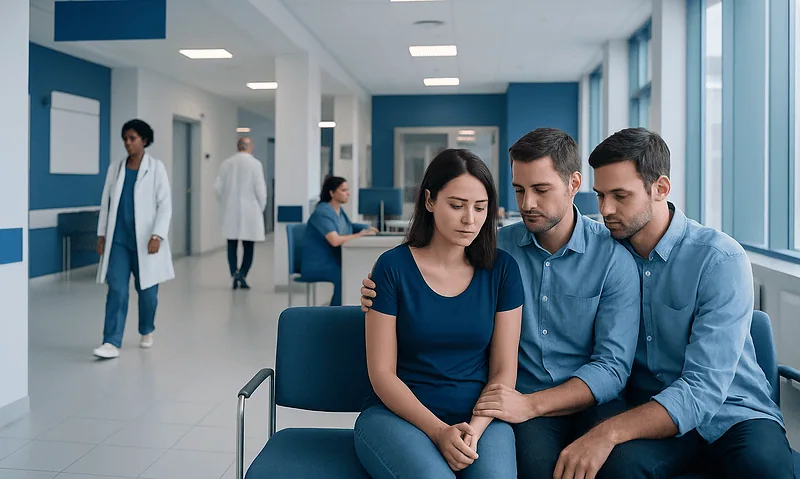 Patients in a hospital waiting area with medical staff in the background.