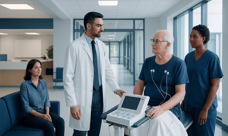 Doctor discussing with patient during a stress test at Acibadem Hospital.