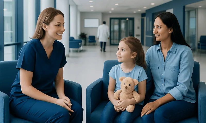Child with teddy bear talking to healthcare professionals in hospital lobby.