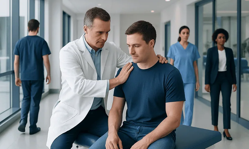 Chiropractor examining a patient's neck in a modern clinic.