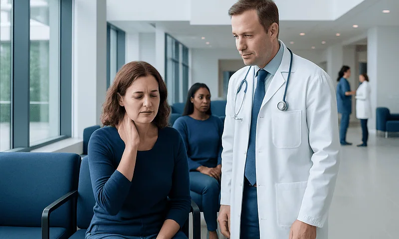 Doctor consulting a patient in a hospital waiting area.