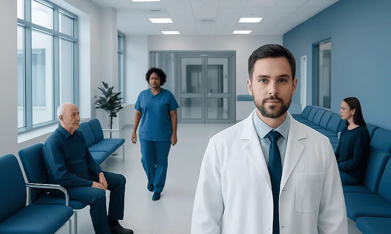 Doctor in hospital corridor with patients and nurse, modern healthcare setting.