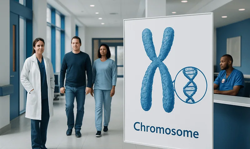 Medical professionals and patient in front of chromosome diagram at hospital.