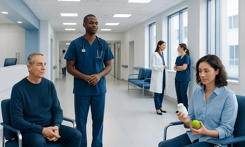 Healthcare professionals and patient in a modern hospital corridor.