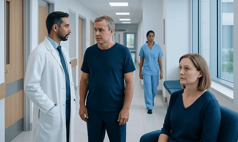 Doctor consulting with male patient in hospital corridor with nurse nearby.