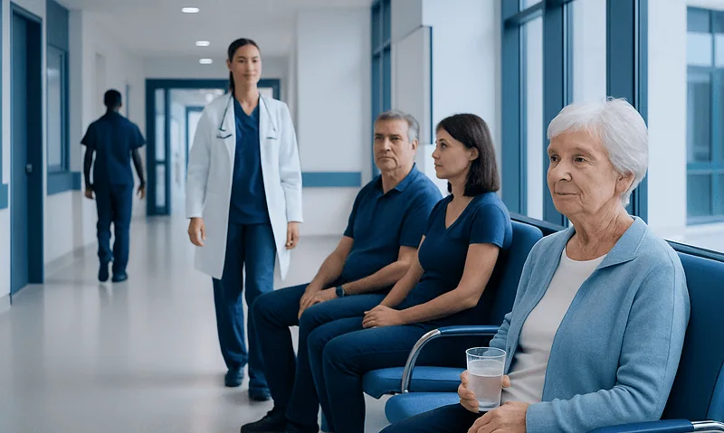 Patients waiting in hospital corridor with medical staff nearby.