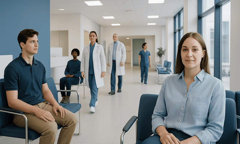 Patients waiting in a modern hospital corridor with medical staff present.