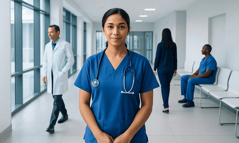 Young female nurse in blue scrubs smiling in hospital corridor.