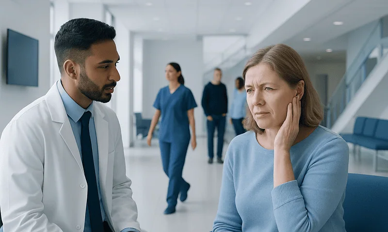 Doctor consulting with a woman experiencing ear pain in a hospital corridor.