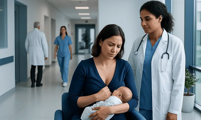 Mother holding her baby in hospital with healthcare professionals nearby.