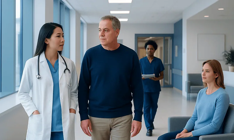 Co2 Blood Test: Normal Ranges, High and Low Results Explained 18 Doctor and patient discussing in hospital corridor with medical staff in background.