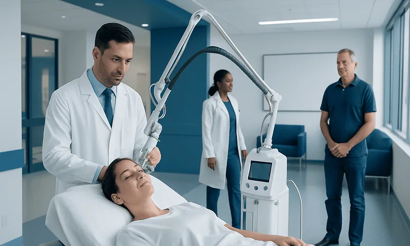 Medical professionals perform a laser treatment on a patient in a hospital room.
