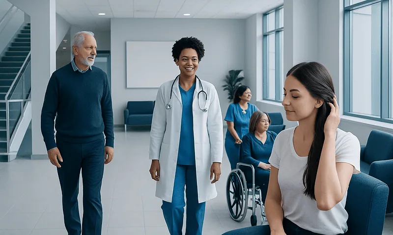 Healthcare professionals and patients in a modern hospital waiting area.