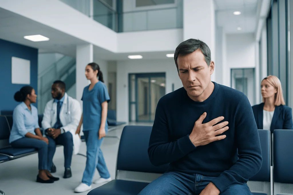 Cold Feeling in Chest: An Evidence-Based Guide for Patients 1 Man experiencing chest discomfort in a hospital waiting area.