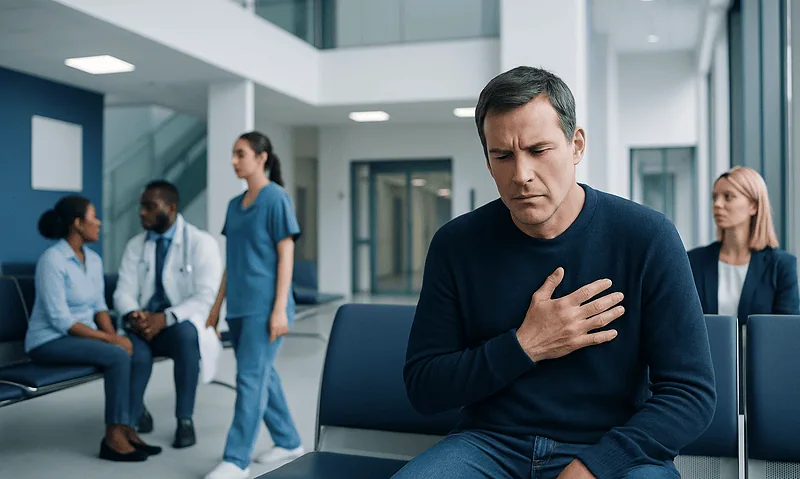 Man experiencing chest discomfort in a hospital waiting area.