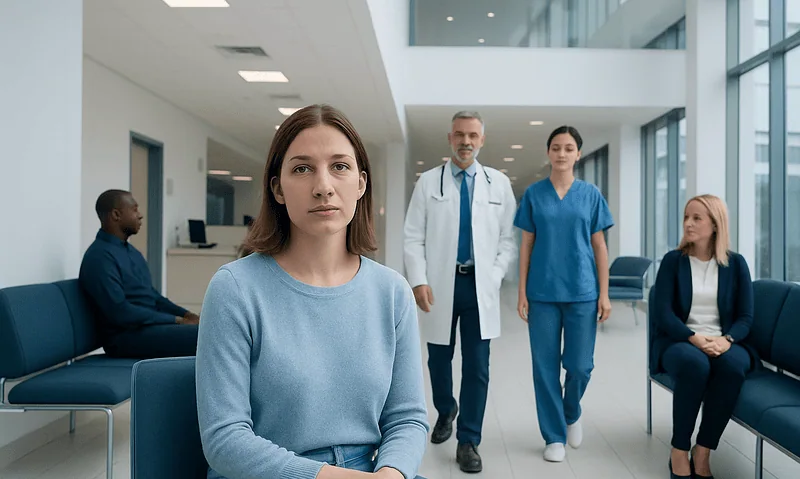 Young woman waiting in hospital corridor with medical staff nearby.