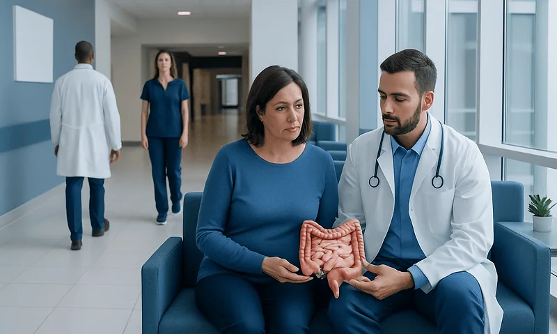Colectomy: Candidacy, Procedure Steps, and Recovery Timeline 13 Doctor explaining colon health to a patient in hospital corridor.