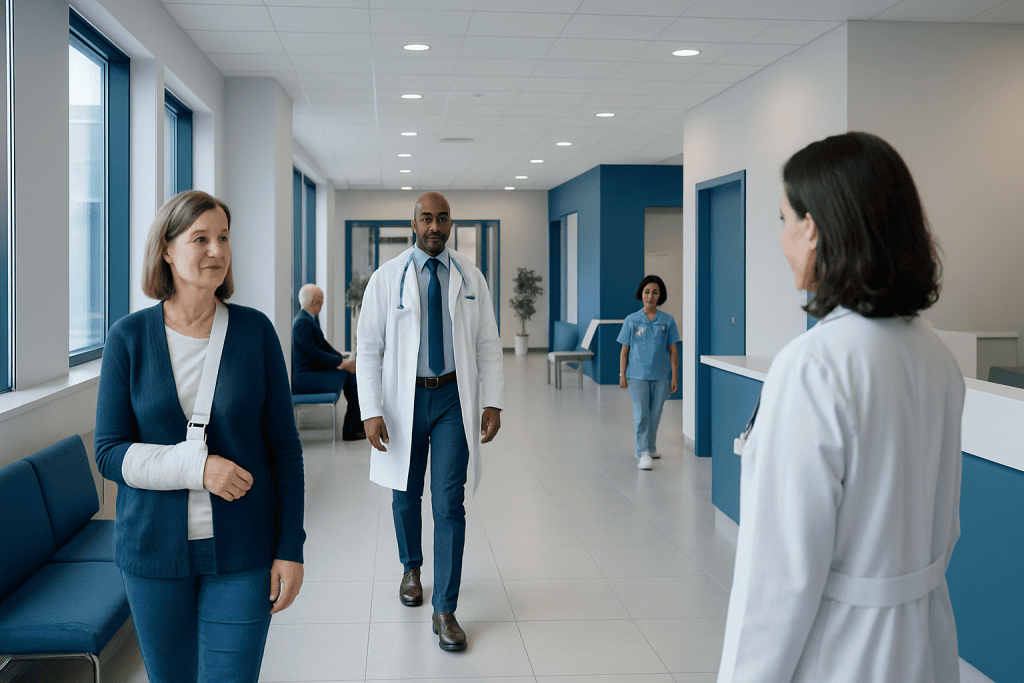 Colles Fracture — Explained by Medical Evidence, Not Myths 1 Hospital corridor with doctors and patients in a modern medical facility.