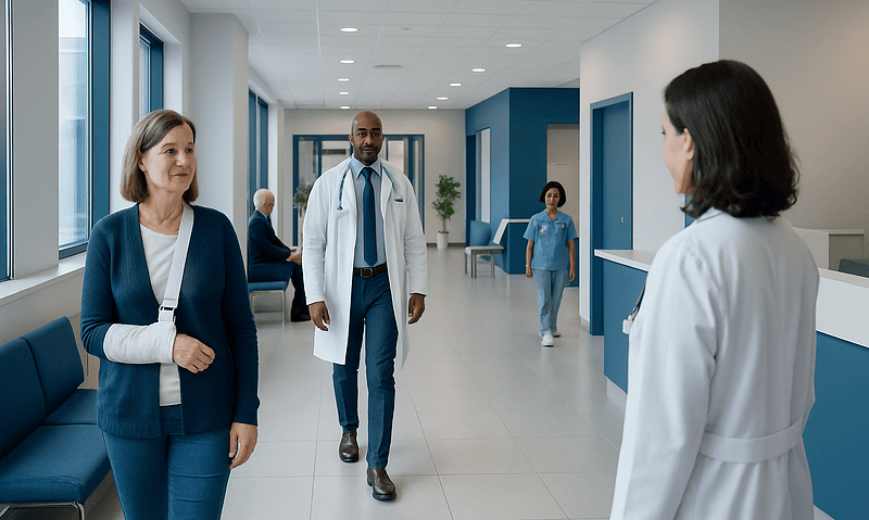 Hospital corridor with doctors and patients in a modern medical facility.