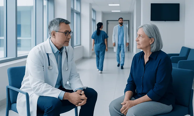 Doctor consulting with an elderly female patient in a hospital corridor.