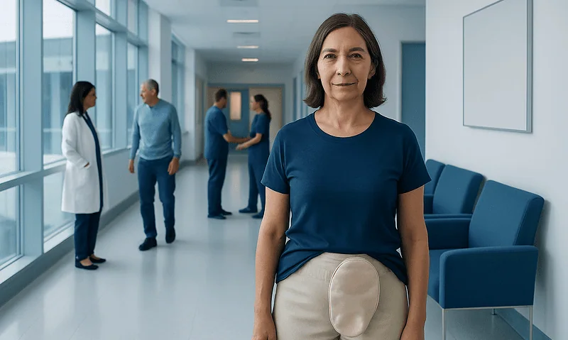Woman with colostomy bag in hospital corridor with medical staff in background.