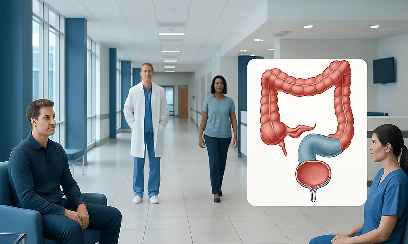 Medical consultation about colon and bladder health with a diagram of the digestive system.