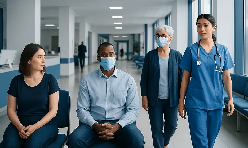Medical professionals and patient in hospital corridor with masks.