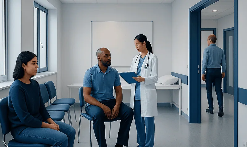 Doctor consulting with patients in a hospital room.