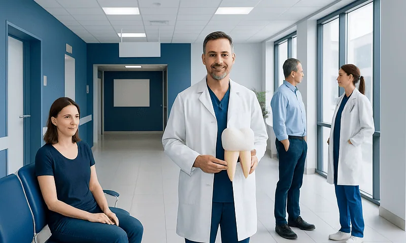 Dentist holding a model of a tooth in a modern hospital corridor.