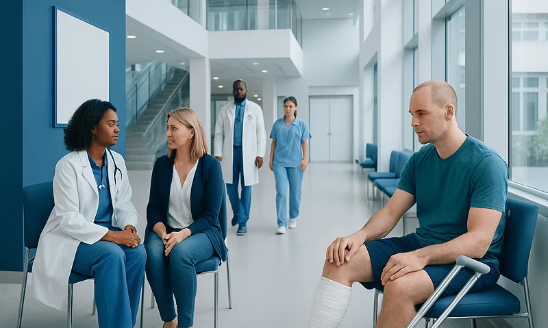 Medical consultation in a modern hospital with doctors and a patient.