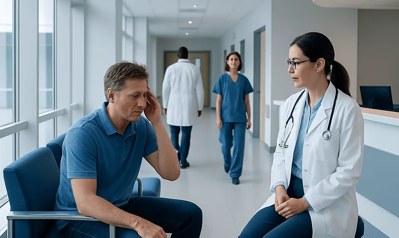 Patient consulting with a doctor in a hospital corridor.