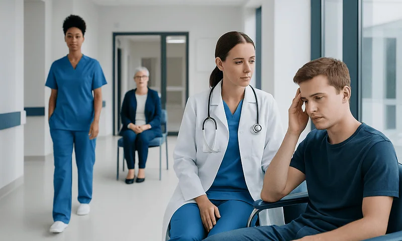Medical professional examines a young male patient with head injury symptoms.