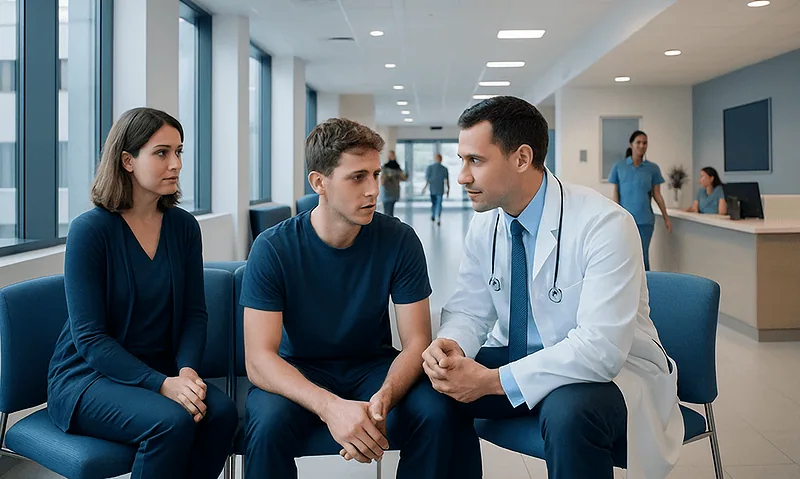 Doctor consulting with young patients in hospital waiting area.