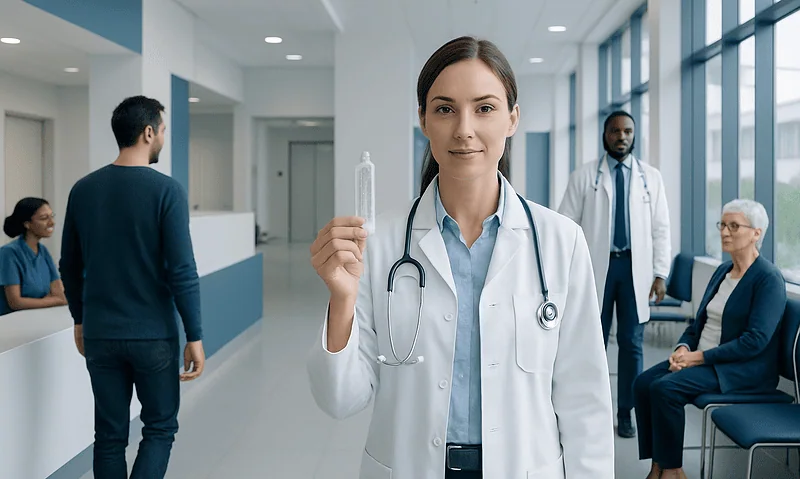 Female doctor holding a condom in a hospital corridor.