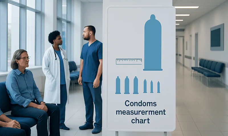 Condoms measurement chart in a hospital corridor for patient education.