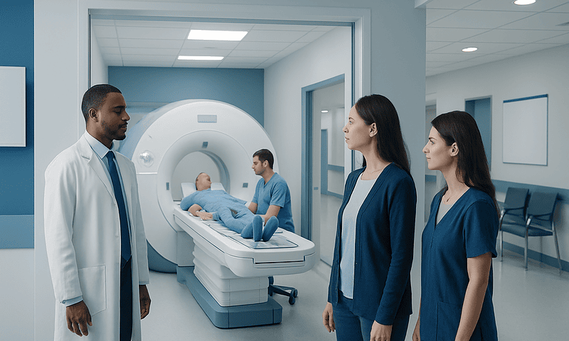 Medical staff preparing patient for brain MRI scan at Acibadem Hospital.