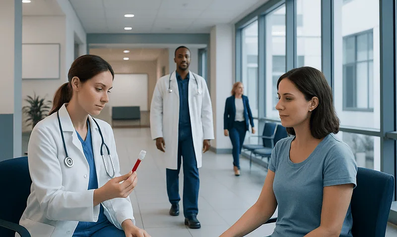 Medical professionals in a hospital corridor with a patient and staff.
