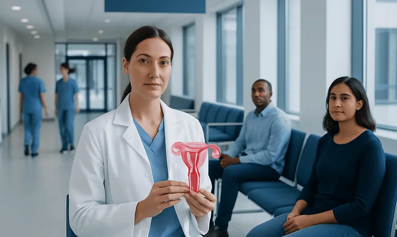 Doctor holding a uterus model in a hospital corridor with patients nearby.