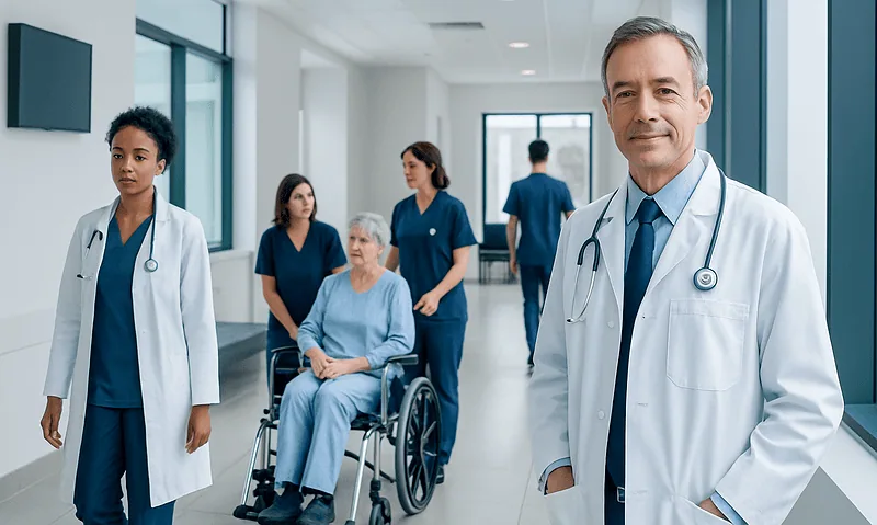 Copper Supplement: Evidence-Based Benefits, Risks, and Practical Guidance 8 Medical team with doctor and nurses in hospital corridor with patient in wheelchair.